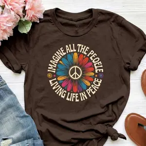 Imagine Peace T-Shirt | "Imagine All the People Living Life in Peace" | Floral Daisy Peace Sign Tee | Hippie Boho Graphic Shirt