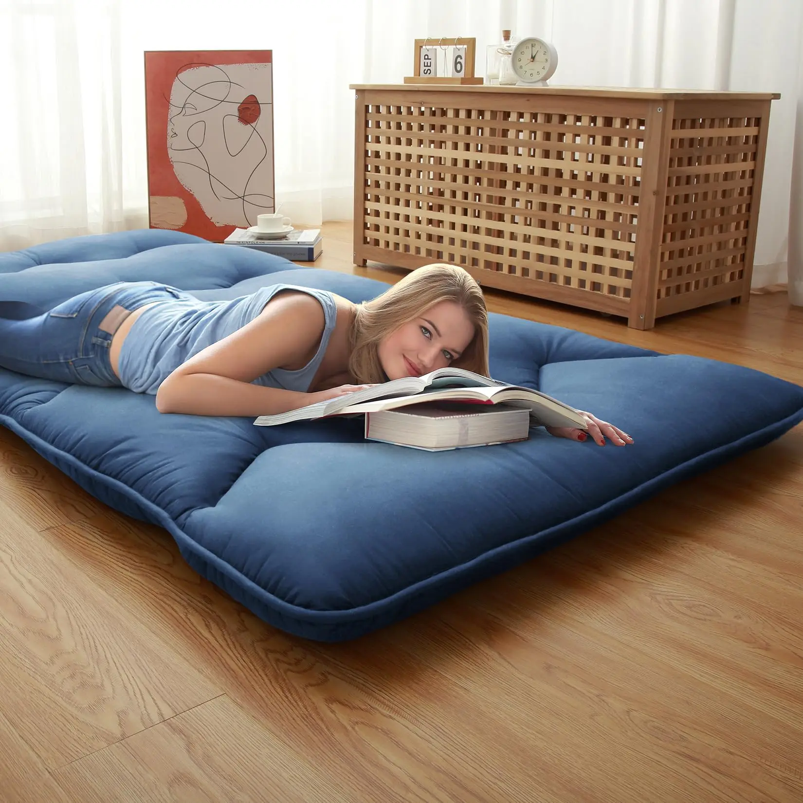 GARVEE Japanese Futon Mattress, Available in Full and Twin Sizes, Roll Up Design for Easy Storage, Ideal for Floor Sleeping, Camping, or Guest Rooms, Navy Color