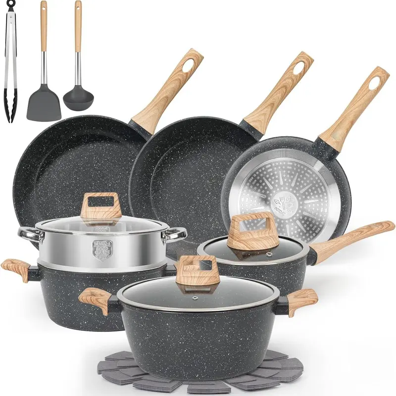 SODAY 17/12 Pcs Pots and Pans Set Non Stick, Kitchen Cookware Sets White Granite Nonstick Cooking Set with Frying Pans, Saucepans, Steamer,Nonstick Pots with Glass Lid (NO PFOS, PFOA),Kitchenware,stock up on specials,Valentines Day gifts, gifts