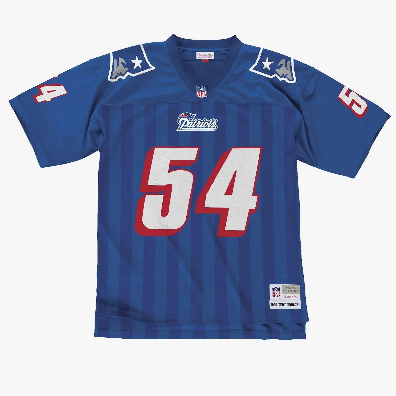 Mitchell & Ness Unisex Tedy Bruschi 1996 Royal Legacy Apparel Jersey, New England Patriots Short-Sleeve Football Jersey with Player Number