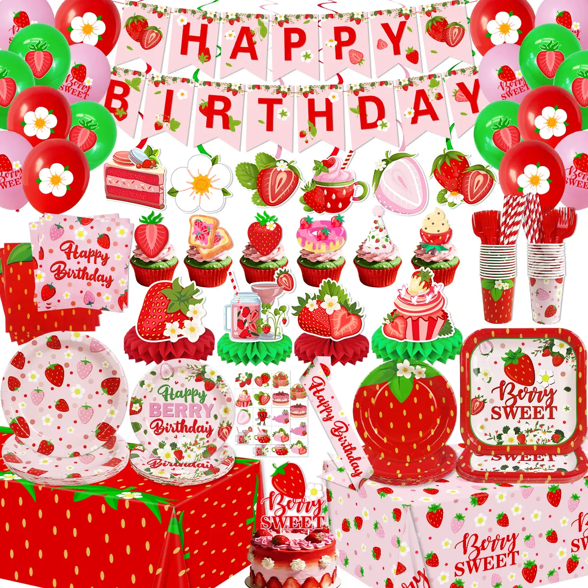 223Pcs Strawberry Birthday Decoration Set - Pink Floral Polka Dot Berry Plates, Napkins, Banner, Tablecloth, Honeycomb Cake Topper, Hanging Swirls, Disposable Plastic Cup Tableware Supplies, Serves 26, Pack, Plastic Cup Disposable Tableware Supplies
