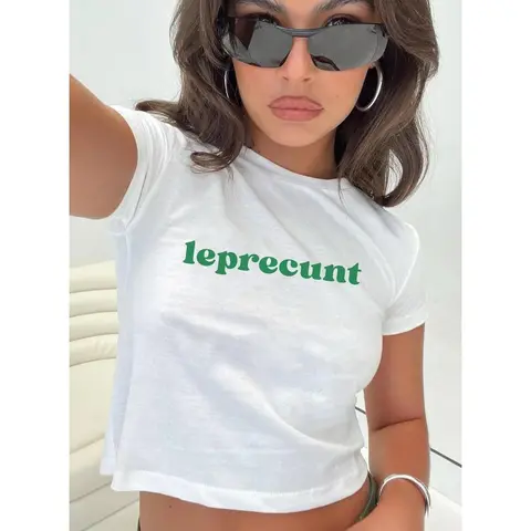 Leprecunt St Patrick's Day Baby Tee, Y2K St Paddys Vintage 90s Womens Retro Shirt, Shamrock Irish T-Shirt, I Put The Double D's