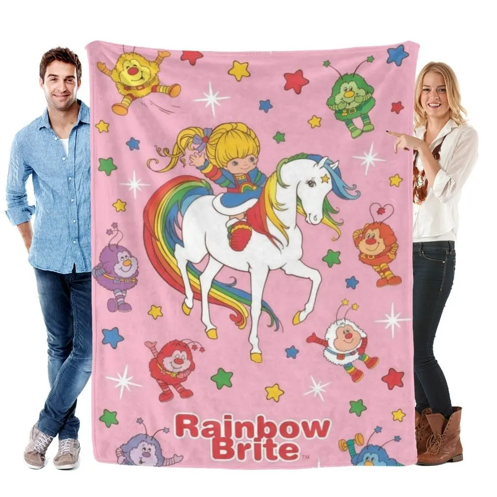 Rainbow Brite Vintage Cartoon Flannel Blanket, 80s Retro Sprites & Starlite Throw, Cozy Fleece for Fans & Kids, Perfect Nostalgic Bedroom Decor