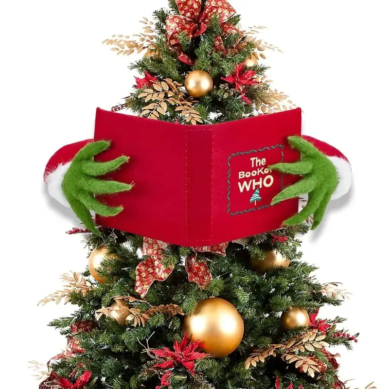 Festive Book-Shaped Christmas Tree Topper, Monster Hand Decoration, Eco-Friendly Plastic & Velvet Material, Perfect Holiday Ornament, Home Decor Ornaments, Style Ornament, Christmas Decorations Party