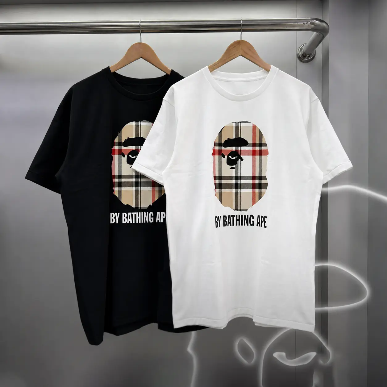 HOT TREND Tee Short Sleeve Crew Neck Casual Summer T-Shirt with Iconic Ape Head Design and Plaid Pattern