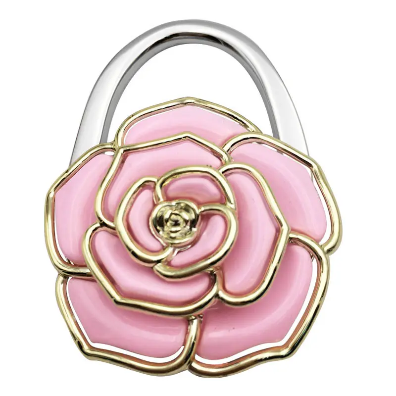 Camellia Flower Shaped Bag Hanger With Side Hook, Collapsible Metal Table Edge Purse Holder, Fashion Decor Handbag Storage Accessory