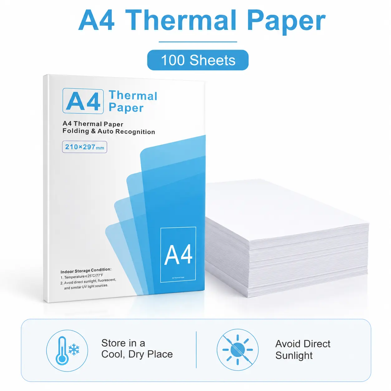 A4 Thermal Paper Refill, 100 Sheets, 210 x 297mm Folded Inkless Printer Paper for Portable A4 Thermal Printers, Smooth Feed, Clear Printing for Documents, Reports, Invoices & Notes, Printer Not Included