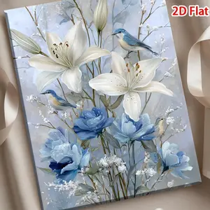 2D Flat, 2D Flat Ready to Hang Wall Decor Art 1pc Framed Canvas Prints Painting Posters for Valentine's Day Easter Gift Holiday Decor White Lilies and Blue Flowers with Birds on Misty Branch, Elegant Watercolor Bird and Flower Art, Fresh Wall Decor