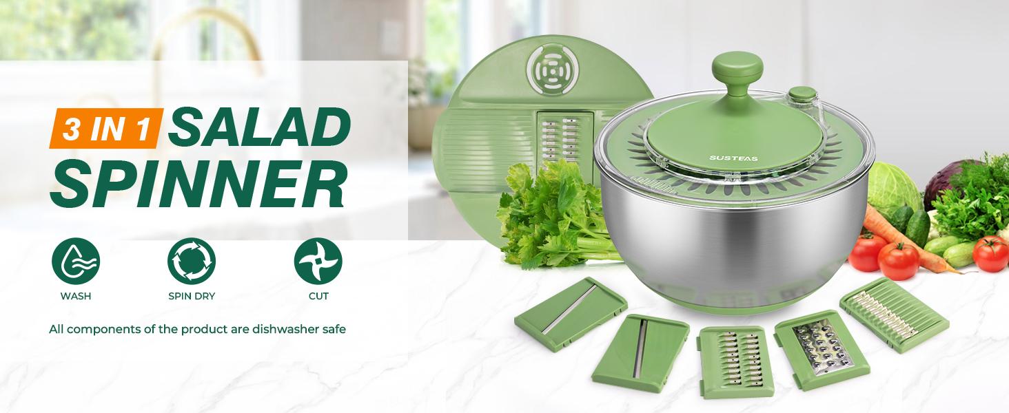 PUKOMC 5 in 1 Large Salad Spinner Dehydrator with Vegetable Chopper Drainer Bowl & Colander Multifunctional Kitchen Utensils - Stainless Steel 304 Blades - Cutting Fruit