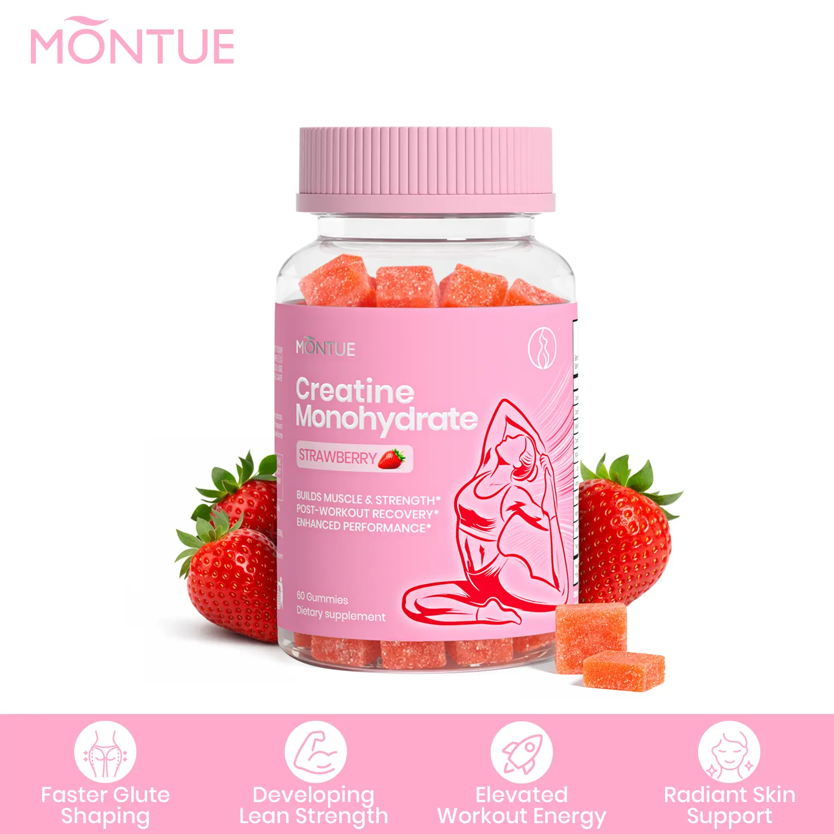 【MONTUE】 Creatine Monohydrate Gummies, 3000mg per Serving with BCAA & L-Carnitine, Triple-Action Formula for Muscle Strength, Workout Recovery, Energy Boost & Weight Management, Strawberry Flavor,60 Gummies (20-Day Supply) For Women #tiktokshopmemorialday