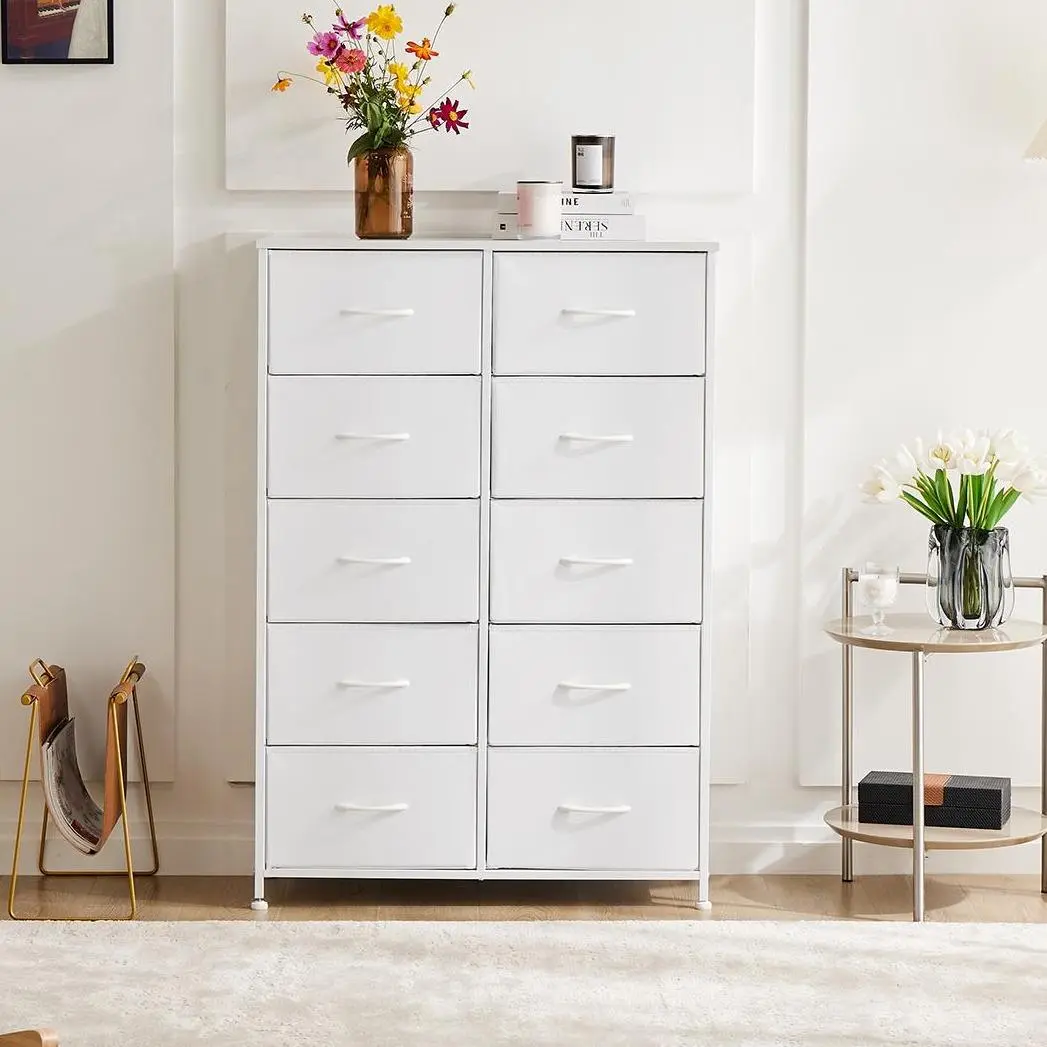 Tall Fabric Drawer Dresser Cabinet with 10 Drawers, Wood Top, Room Storage for Bedroom