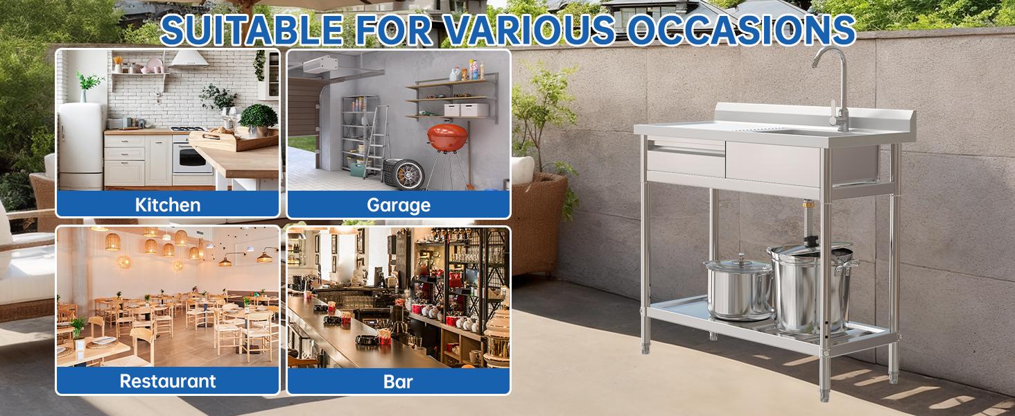 39" Stainless Steel Utility Sink with Left Drawer and Drainboard Freestanding Laundry Sink with Hot & Cold Faucet 304 Matte Finish Single Bowl 17"x13" with Backsplash for Indoor/Outdoor