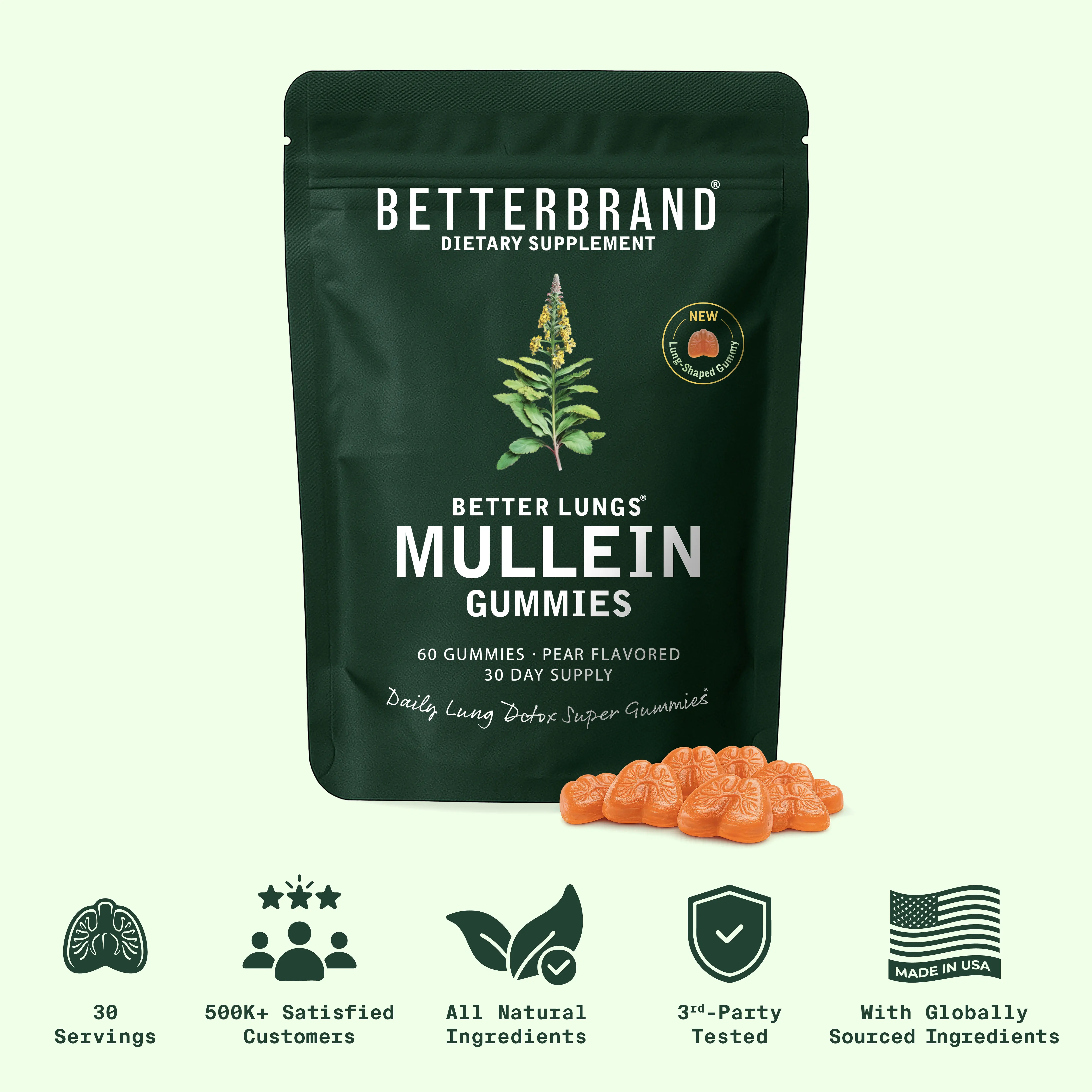 Betterbrand Mullein Lung Detox Gummies for Respiratory Health & Mucus Cleanse - 60 Pear Flavored Chewable Gummies - 30 Servings - Dietary Supplement for Respiratory Health Support