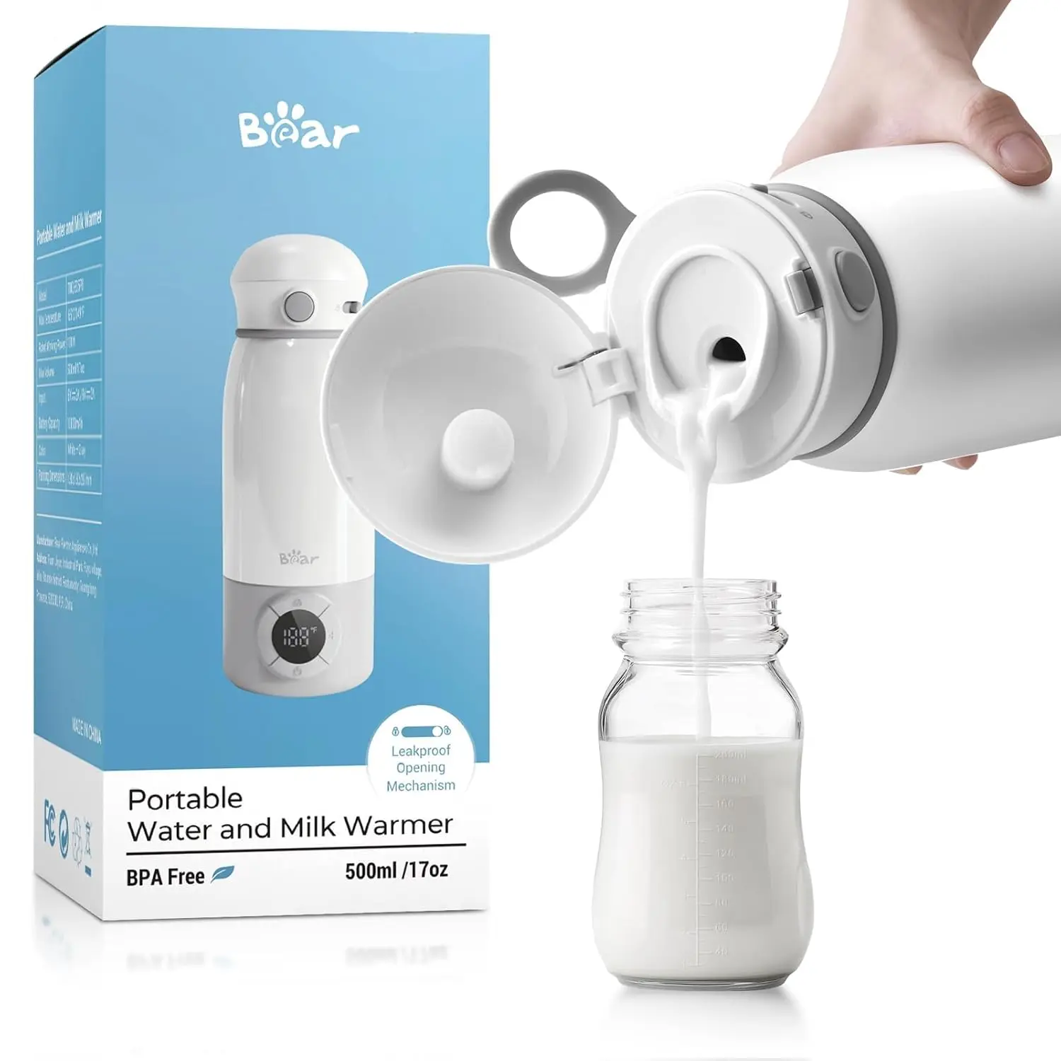 Bear Baby Portable Bottle Warmer for Travel, Milk Warmer for Breastmilk Formula, 17oz Large Capacity Water Warmer with Precise Temp Control, Fast Heating&Long Battery for Travel Car Airplane