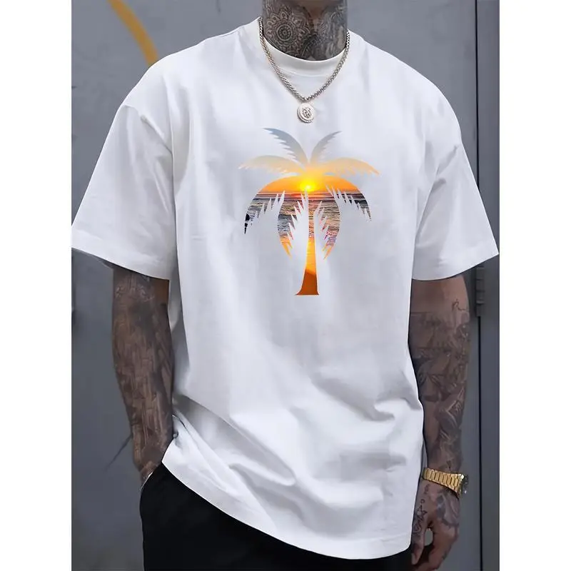 1pc Men's Tropical Menswear Round Neck Short-Sleeve T-Shirt - Knit Fabric, Slight Stretch, Regular Fit, Sunset Coconut Tree & Alphabet Prints, Streetwear Athleisure Style for Everyday Wear, Tshirt, Smooth, Seamless, Cotton