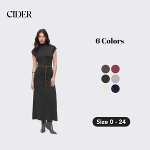 Cider Knit Maxi Dress with Belt – Flattering A-Line Long Dress for Women， High Neck Long Sleeve for Spring Evenings & Date Night
