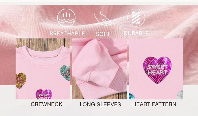 Dear-Lover Women's Pink Glitte Sequin Romantic Letters Heart Graphic Round Nreck Pullover Sweatshirt, Valentines Lettering Heart Patched Pattern Crewneck T Shirt