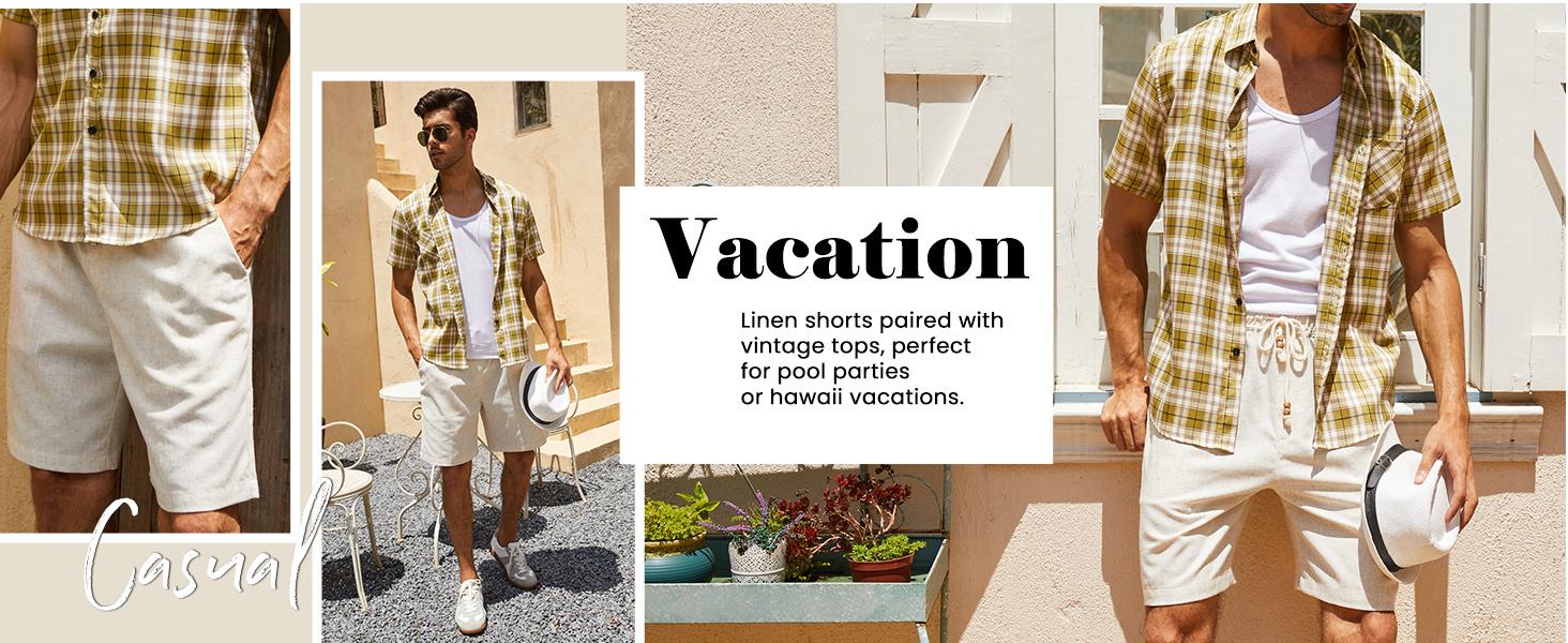 COOFANDY Men's Linen Casual Elastic Waist Drawstring Summer Beach Shorts Fabric Menswear Pants Soft Breathable Classic Denim Hawaiian Denim Hawaiian jortsmen Pockets Simple Shirt Stretchy T-Shirt Leisure