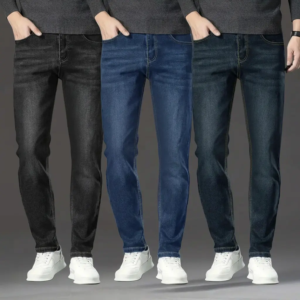Men's Classic Slim-Fit Contour 3-Pack Essential Jeans - Wear-Resistant Polyester-Elastane Denim, Denim Look, 5-Pocket Button-Front, Solid Plain Bottoms, Casual Day Wear