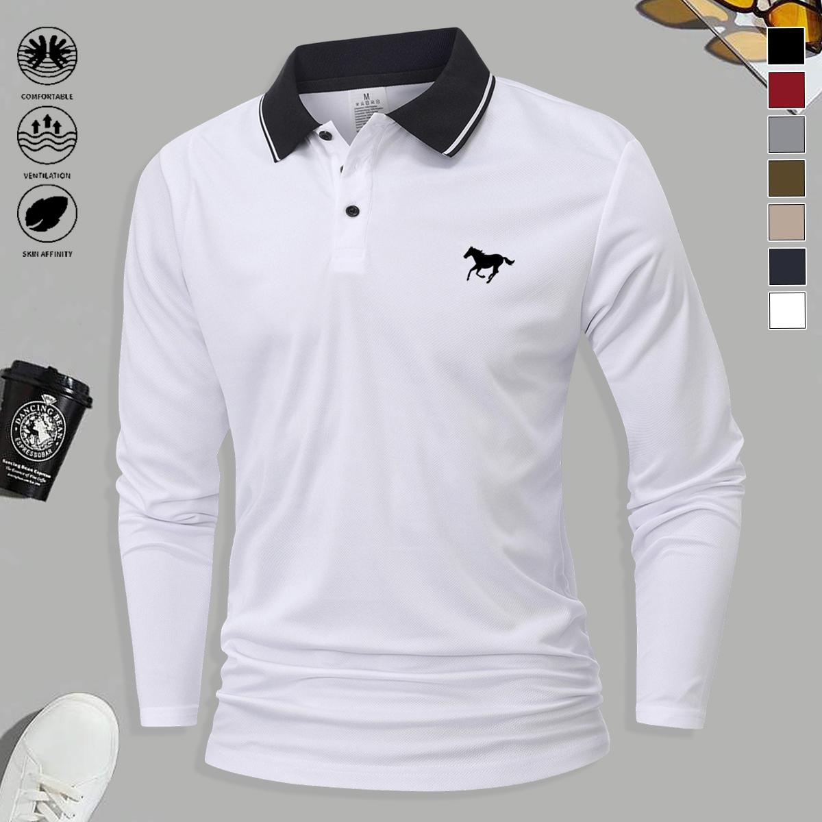 5PCS Men’s Polo Collar Long Sleeve Top, stylish, simple, multifunctional, fashionable print design, available in multiple colors, sporty casual, soft and comfortable