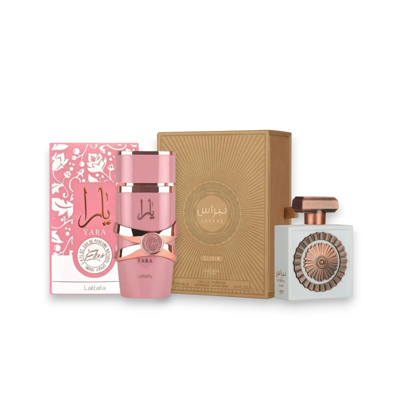 Lattafa Bundle | Nebras Elixir + Yara Elixir | Women's Fragrance | 100 ML - 3.4 OZ | Eau De Parfum | Strawberry s'mores - Black Currant & Jasmine