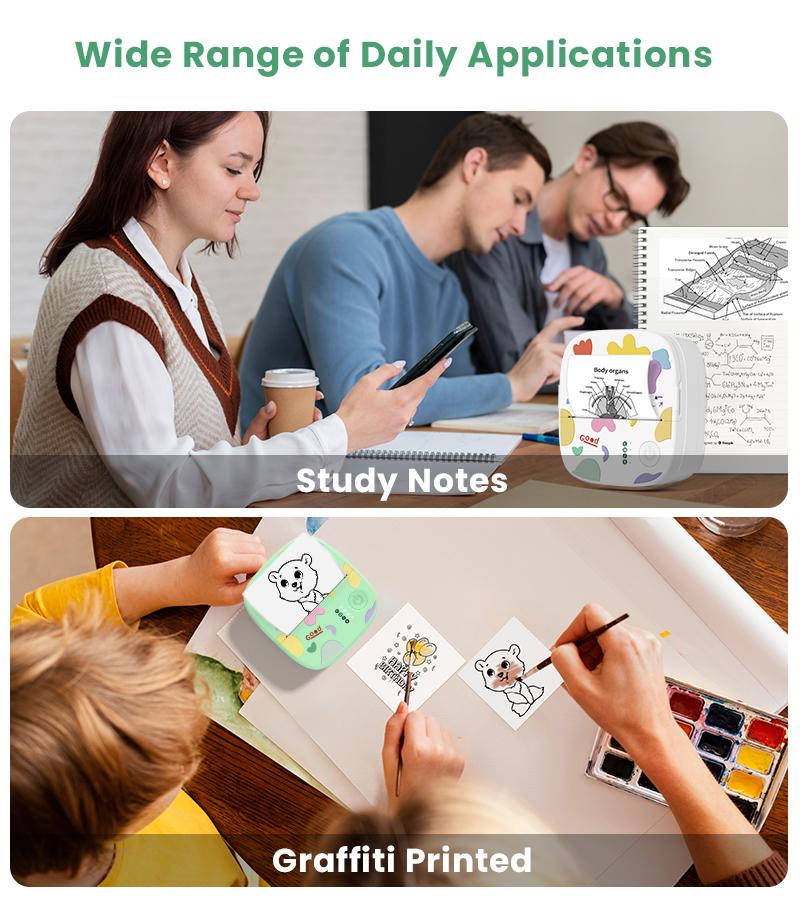 XenGro Mini Printer Bluetooth included 3 Roll label Thermal Pocket Printer,Inkless Small printer B&W Printing Only for Photos, Study Notes, Lists,Memos, Journals Printing Machine Sticky Label, Birthday Gifts for Kids White