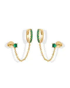 PAVOI 14K Gold Plated Chain Earrings for Women - Double Piercing Dangle Chain Huggie Hoop Earrings - Cubic Zirconia Single Stud Ear Cuff Earrings for Women