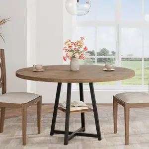 Industrial Round Dining Table,47 Inch Round Kitchen Table for 4,Dinner Table with Wooden Top and Metal Base for Dining Room,Brown, 47.2 in w/Storage