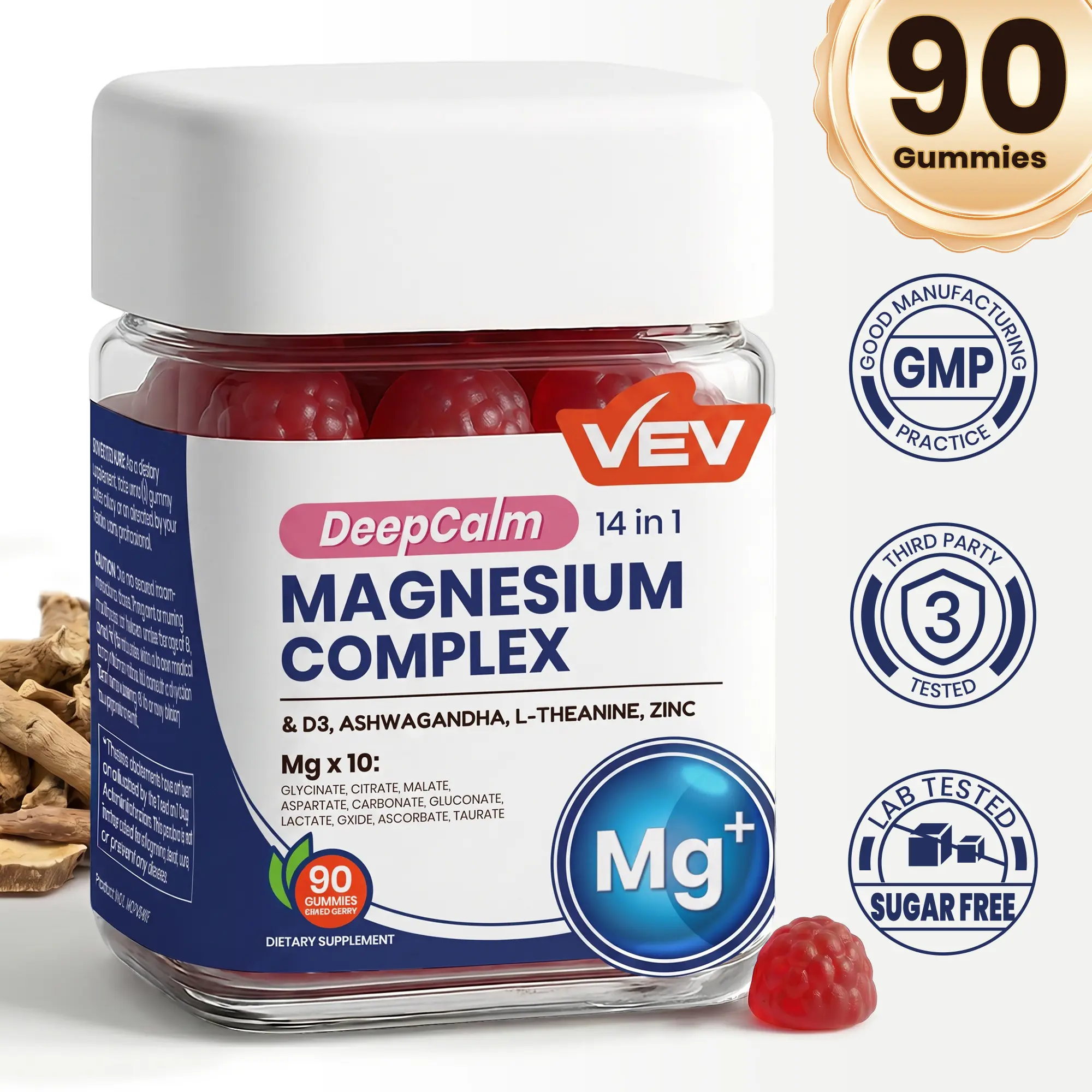 VEV DeepCalm 14-in-1 Magnesium Gummies Complex - Magnesium Glycinate, D3, Ashwagandha, L-theanine, Zinc - 90 Count, Vegan, No Sugar, Backtoschool