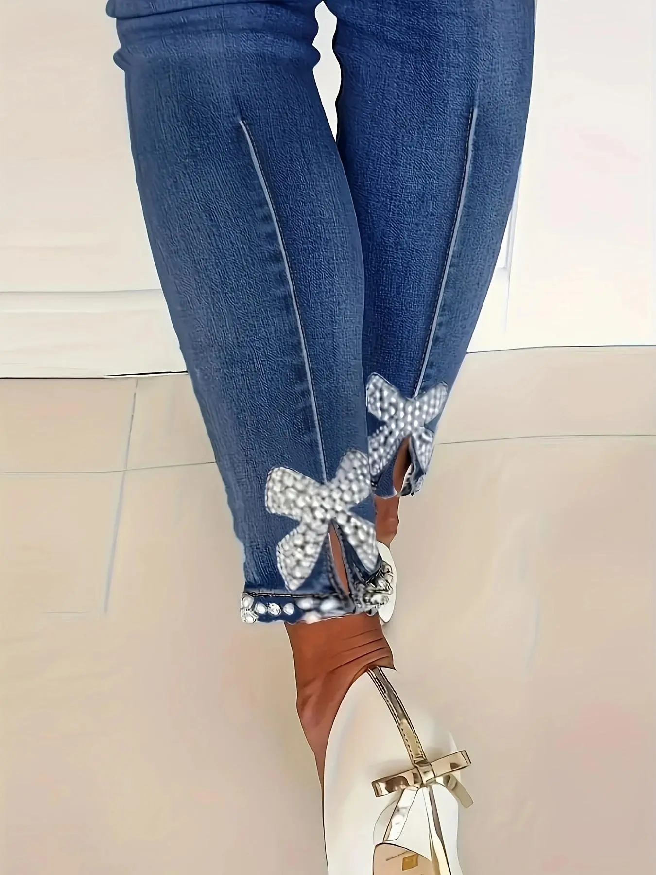 Women's Bow Rhinestones Decor Jeans Fashionable High Waisted Design Skinny Jeans for Daily Wear, Ladies Bottoms for All Seasons
