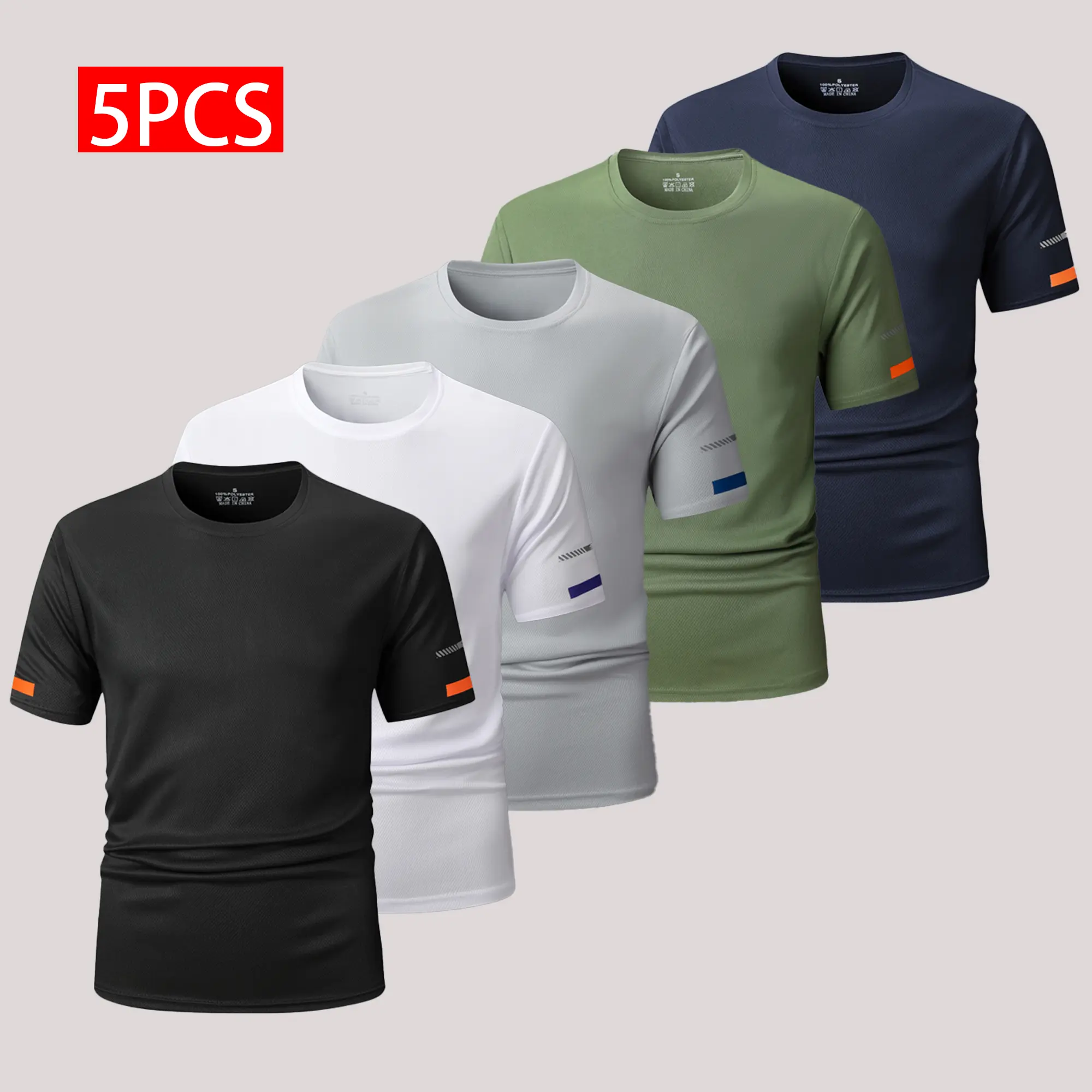 Men's 5-Piece Sporty Chic Quick-Dry Mesh Short-Sleeve T-Shirt Assortment Set, Breathable Casual Cool All Day Tops