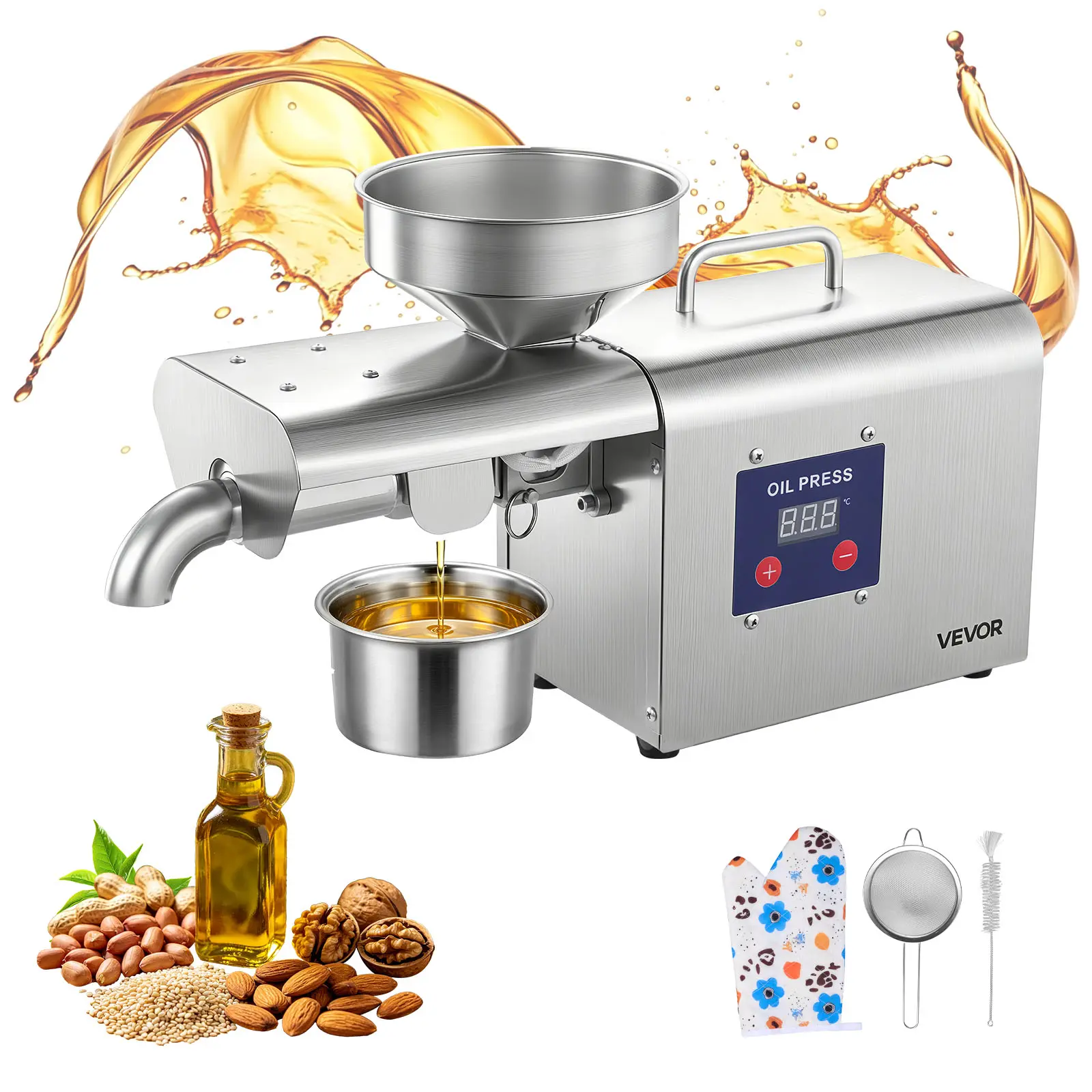 VEVOR Automatic Stainless Steel Oil Press Machine, 750W Power, 8.27 LBS/H Capacity, 122℉-572℉ Hot Pressing for Peanuts Sesames Soybeans Almonds, Home/Commercial Oil Extraction Equipment