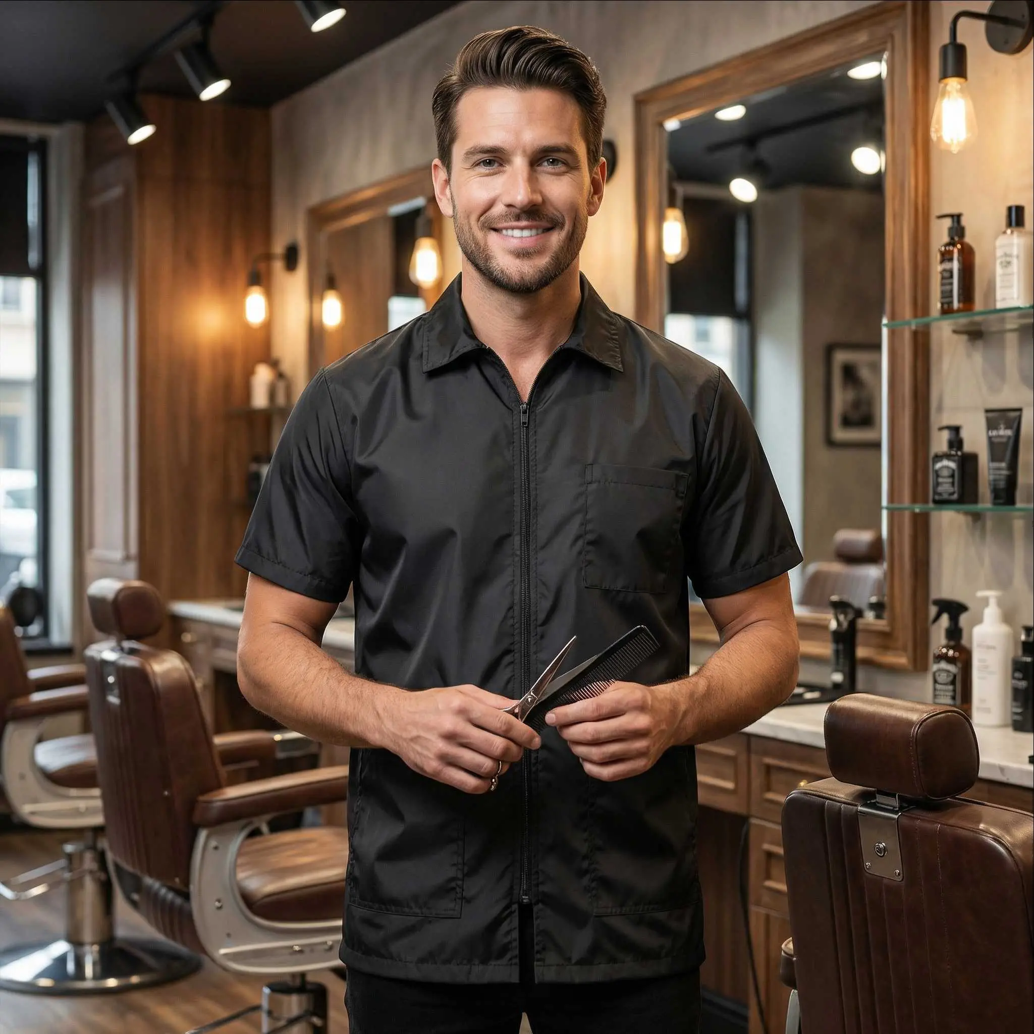Professional Barber Smock Jacket | Lightweight Stylist, Fabric, Menswear, Pockets, Clothes, Uniforms, Short, Sleeved, Plain, Workwear