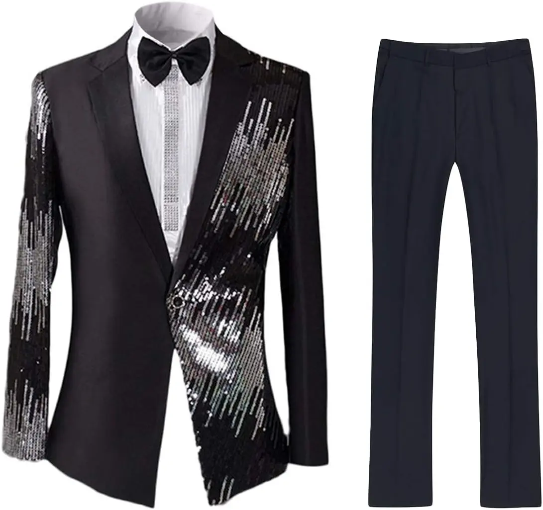 Cloudstyle Men's 2-Piece Trouser Suit, Stylish Slim Fit Sequined Blazer Set with Long Sleeve, Menswear for Prom Parties, Trouser Suits, Men's Outfit Sets, Sequined Accents, Gentleman Style, Fitted, Prom Party, Button, Chic