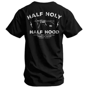 Half Holy Half Hood Tactical T Shirt With Rifle Graphic And Bold Street Warrior Design, Urban Tactical Apparel For Men Who Balance Faith And Hustle, Military Style Shirt For Gym Streetwear And Tactical Lifestyle Wear