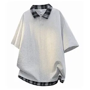 Men’s patchwork polo-style short-sleeve T-shirt for summer, heavyweight loose casual fit, paneled design with a faux two-piece look, plaid pattern; unisex, trendy streetwear brand style. summervibes