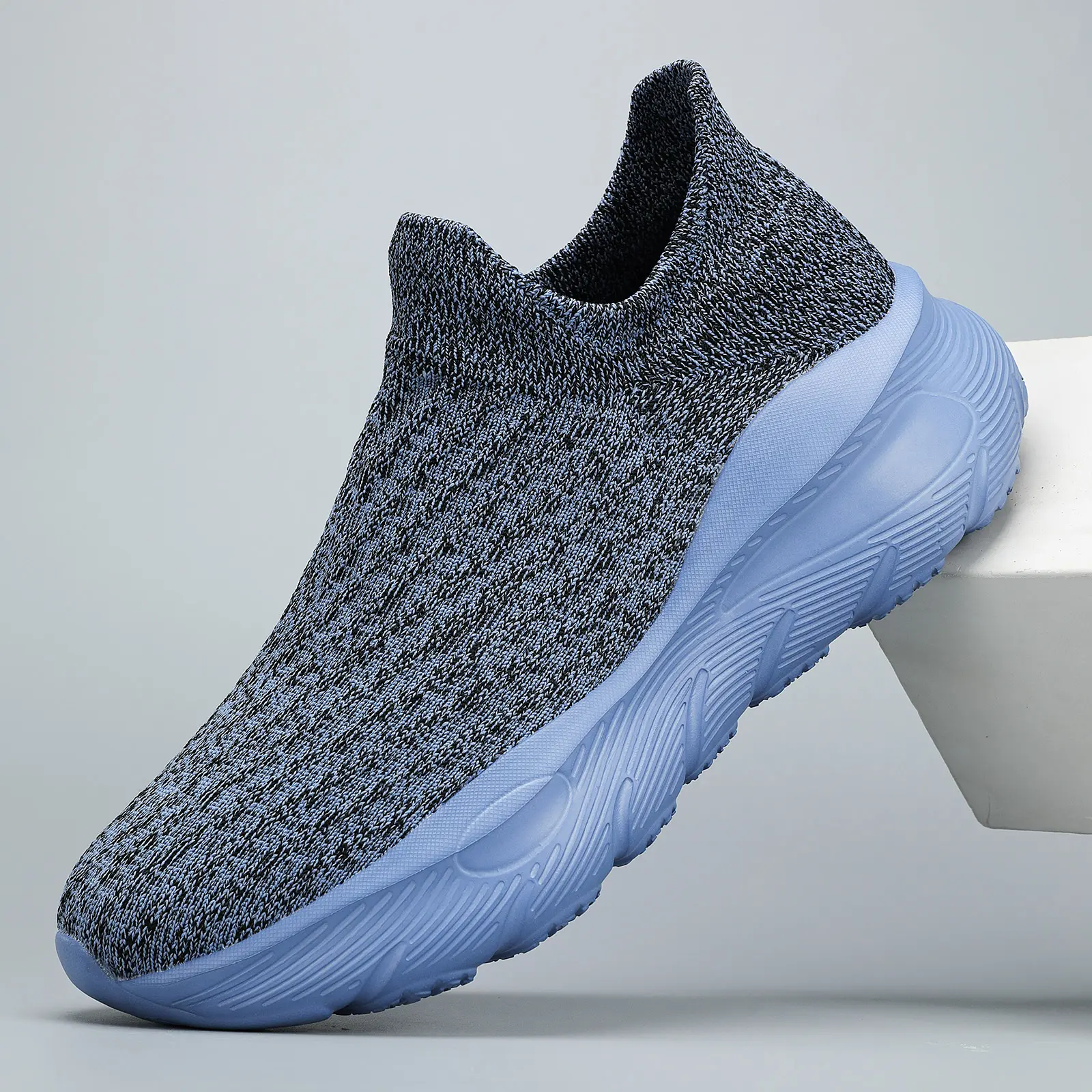 Men's Casual Slip-On Knit Fabric Sneakers - Lightweight Breathable Athletic Training Shoes for Running, All Day Wear, Athletic Boys (Blue Knit Adds Sport Style)