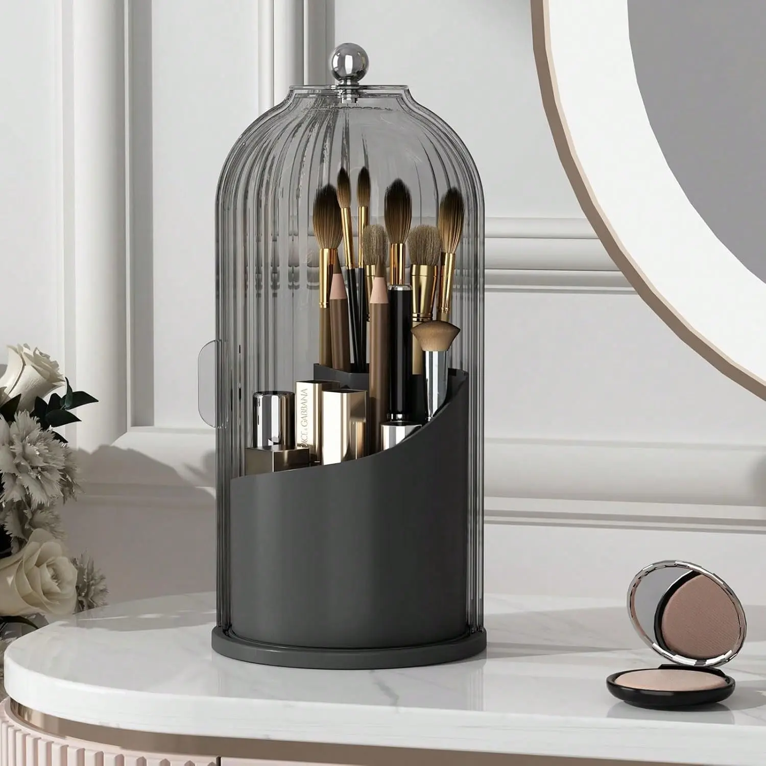 360-Rotating Dustproof Makeup Brush Holder with Cover, 4.8" Wide Beauty Organizer & Washable Storage Box, Sliding Door Vanity Bathroom Countertop Organizer with Multiple Slots for Easy Access, Space-Saving Decoration, Dustproof Storage Box