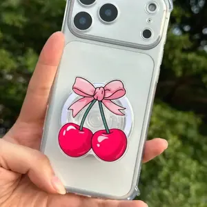 Adorable Cherry Phone Grip – Cute Pink Bow Cherry Pop Socket Phone Holder for iPhone & Android