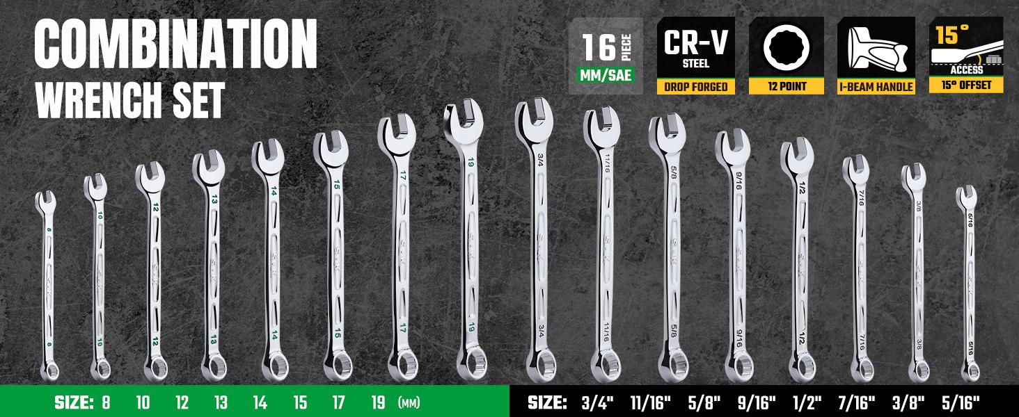 #Summervibes SK Combination Wrench Set, SAE & Metric, SuperKrome Finish, Premium CR-V Construction, with Rolling Pouch