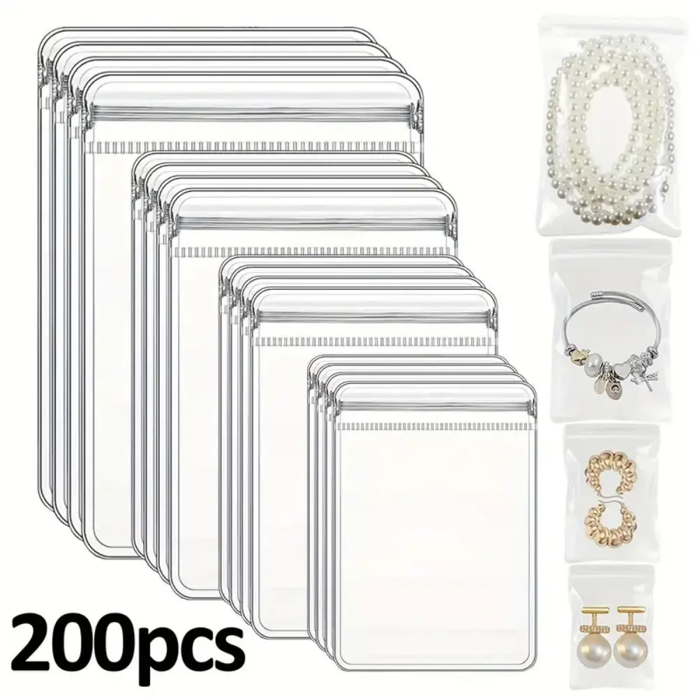 200-Piece Anti-Tarnish Multifunctional Jewellery Organizer Bags - Reusable, Dustproof, Transparent Plastic Self-Seal Set with 4 Sizes for Preserving and Organizing Rings, Earrings, Makeup Tools Storage, Portable, Lightweight