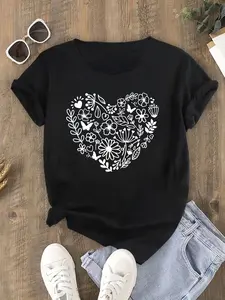 Women's Casual Sports T-Shirt with Flower Heart Print Short Sleeve Round Neck Comfortable Top 2025 New Style 100% Cotton 4-Season Wear Loose Fit Daily Casual Versatile Womenswear Black Outfit Soft Tshirt Streetwear Summer Crewneck Fitted Shortsleeve