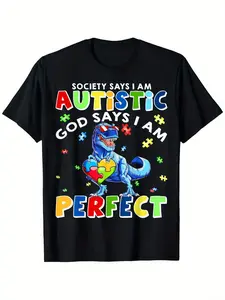 Society Says I'm Autistic God Says I'm Perfect Autism Funny T-Shirt for Boys and Girls, Soft Material, Breathable, Comfortable Short Sleeve Youths Tees Perfect for Boys Shirts Boy Girl Best Gift