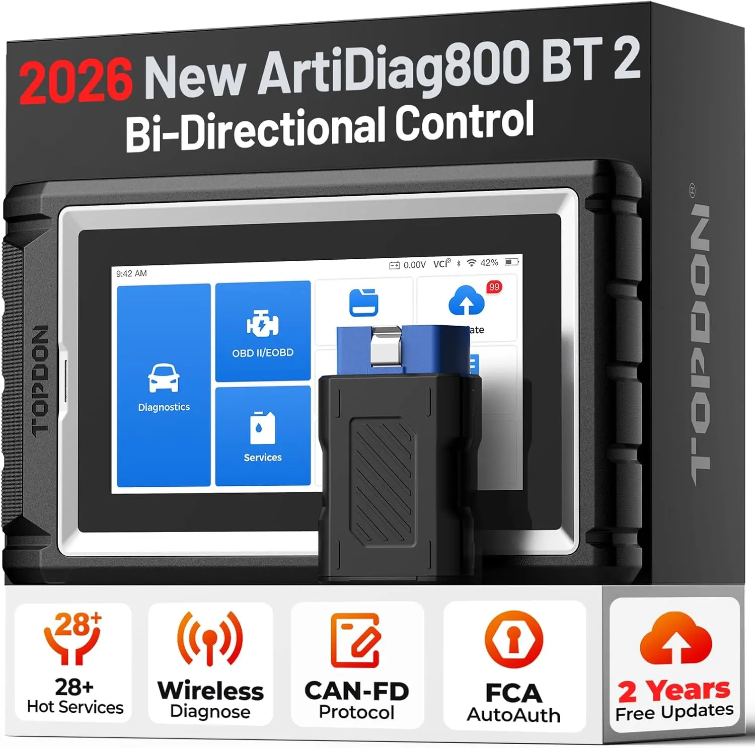 TOPDON AD800BT Wireless OBD2 Scanner Car Tool, Bidirectional Control, Full System Diagnostics, 28+ Factory-Grade Diagnostics, 33ft Range, Injector Coding, FCA AutoAuth, CAN FD, AutoVIN, 2 Years Free Updates, GM Compatibility, Bluetooth, Headlight Matching