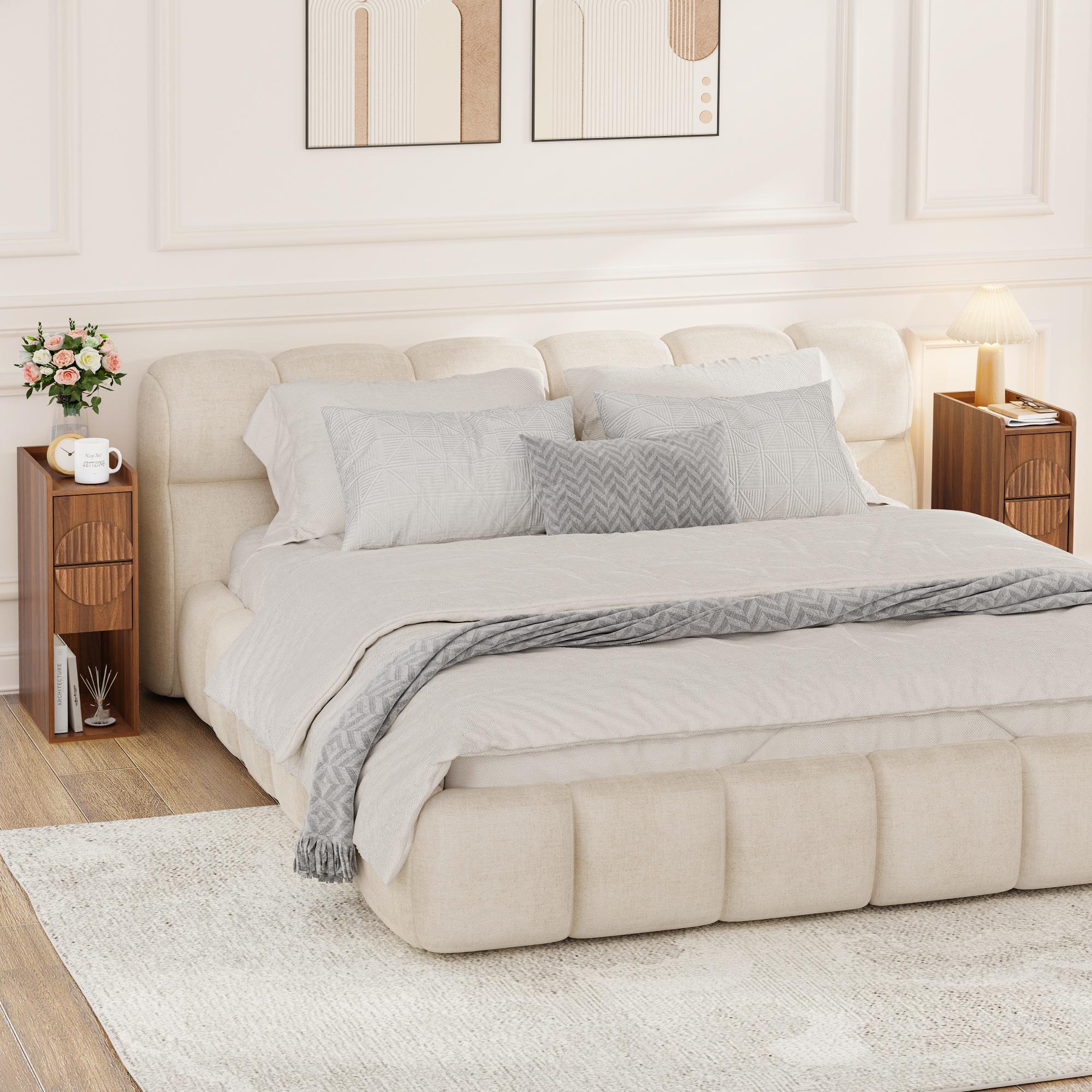 Giratree Slim Mid-Century Modern Nightstand with 2 Drawers, Narrow Fluted Wooden Side Table for Small Spaces, Tall Skinny Bedside Table for Bedroom or Living Room