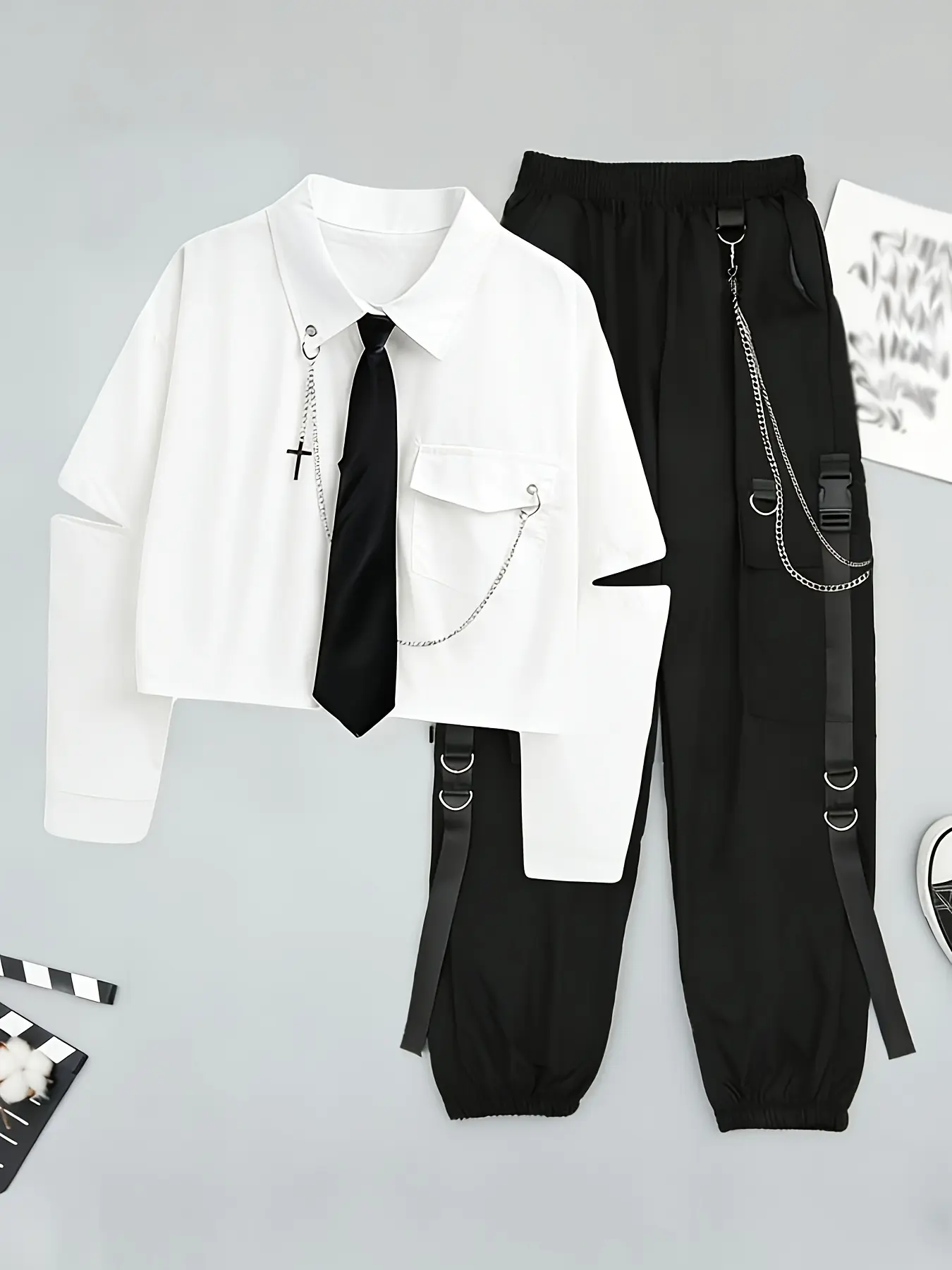 Women Streetwear 2 Pieces Sets Y2k Punk Outfits Long Sleeve Split Chain Necktie Choker Shirts+Harajuku Cargo Long Pants Sets With Chain Woman Overalls Womens Clothing