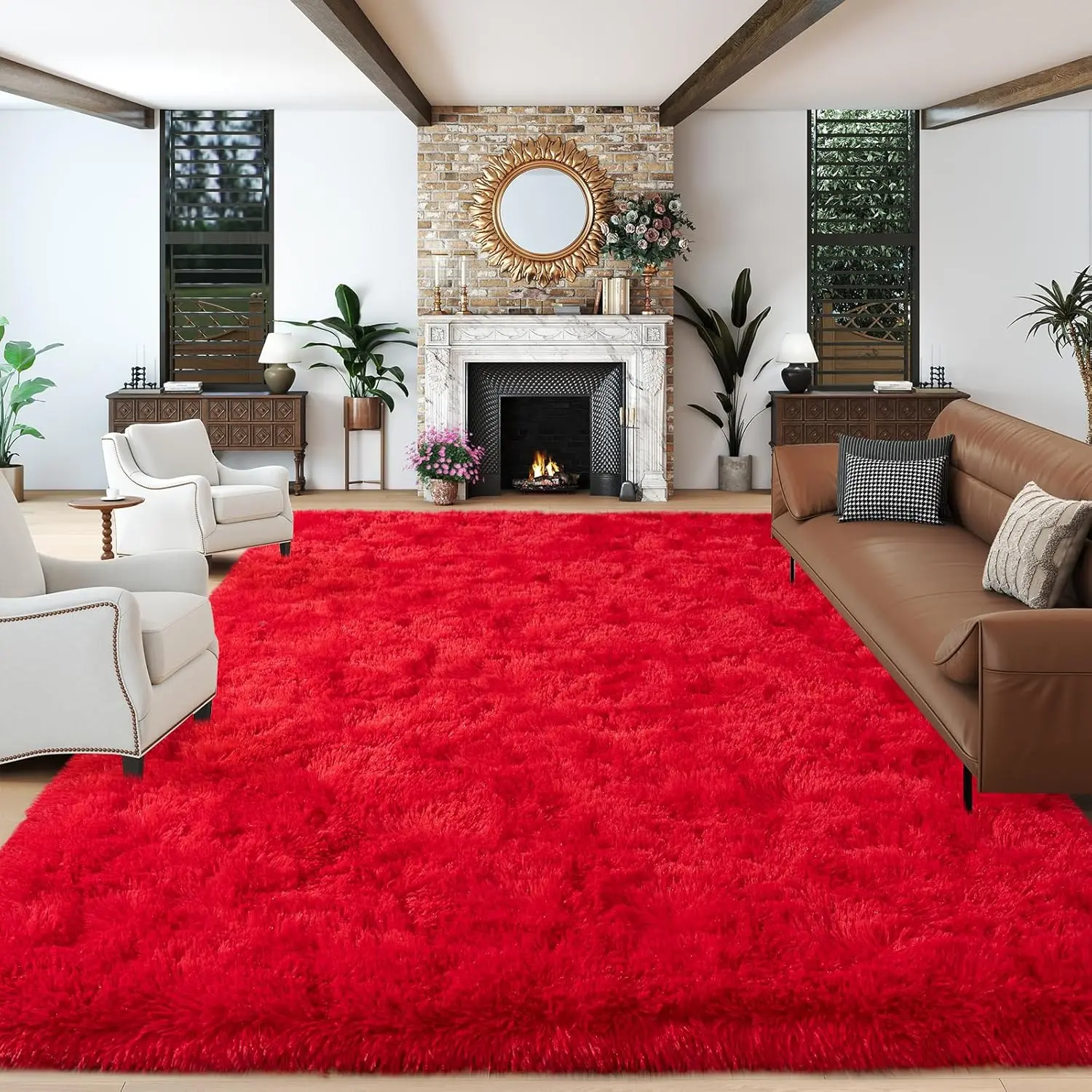 Super Fluffy Rugs for Living Room, 9x12 Modern Shag Red Area Rugs, Soft and Cozy Plush Large Under Bed Carpet for Kids, Girls Boys and Teens Decorations for Bedroom Dorm Nursery Classroom #Summervibes