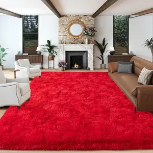 Super Fluffy Rugs for Living Room, 9x12 Modern Shag Red Area Rugs, Soft and Cozy Plush Large Under Bed Carpet for Kids, Girls Boys and Teens Decorations for Bedroom Dorm Nursery Classroom