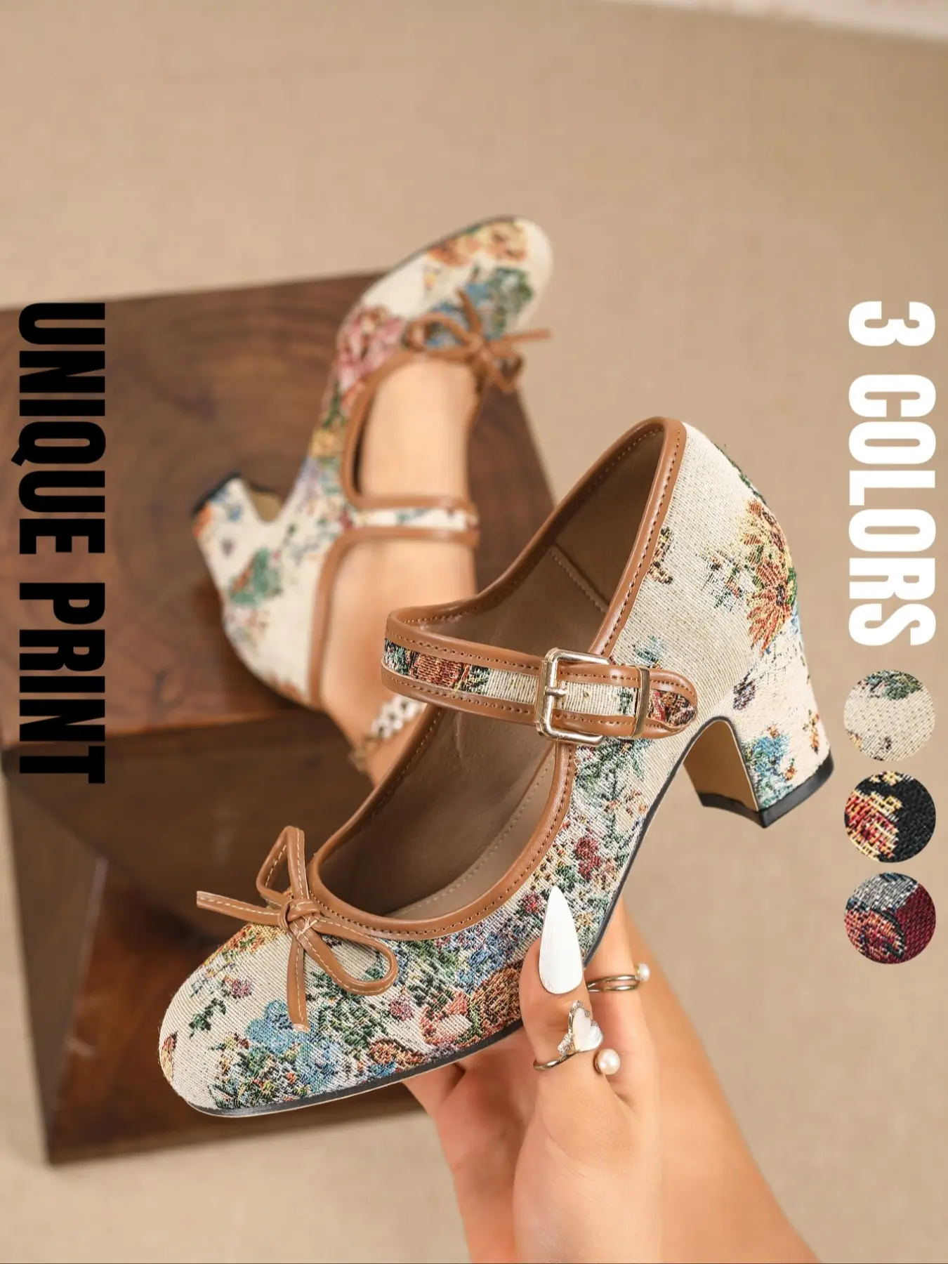 Women's Mary Jane Chunky Heel Pumps, Vintage Print Round Toe Strap High Heels with Bow, Party Shoes
