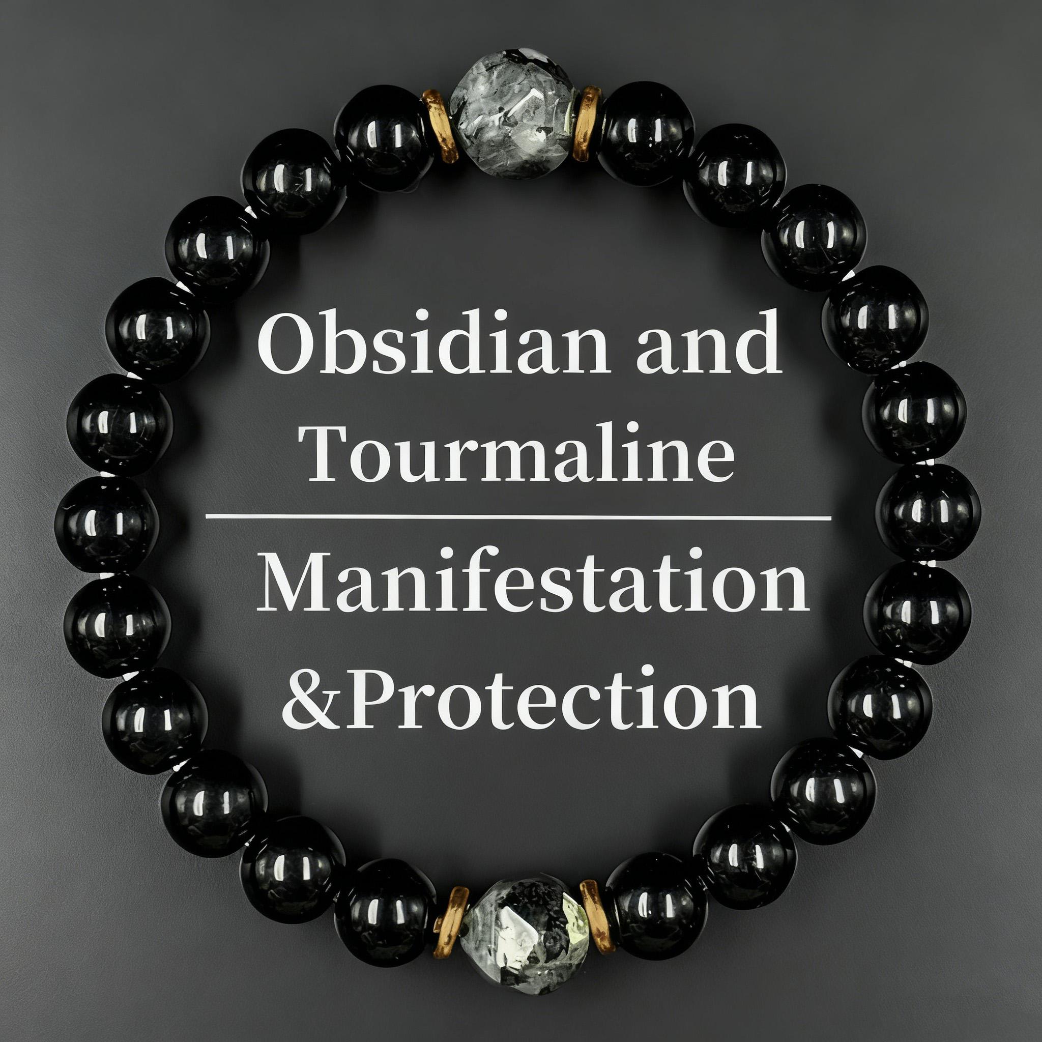 Obsidian & Black Tourmaline Bracelet - Manifestation & Protection Healing Crystal Beads Jewelry for Men & Women, Christmas Gift, Gifts for Mother's Day, Father's Day, Valentine's, Birthdays, Anniversary, Black Grounding Stone Beaded Bracelet